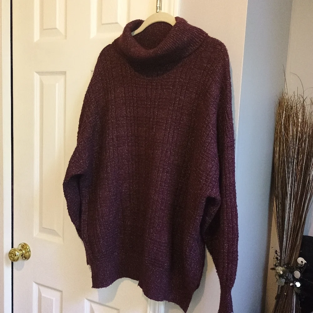 Lucky Brand Women’s Oversized‎ Mock Neck Sweater Wine Textured Knit Size Medium